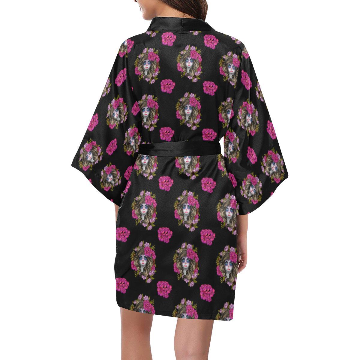 Day of the Dead Makeup Girl Women Short Kimono Robe