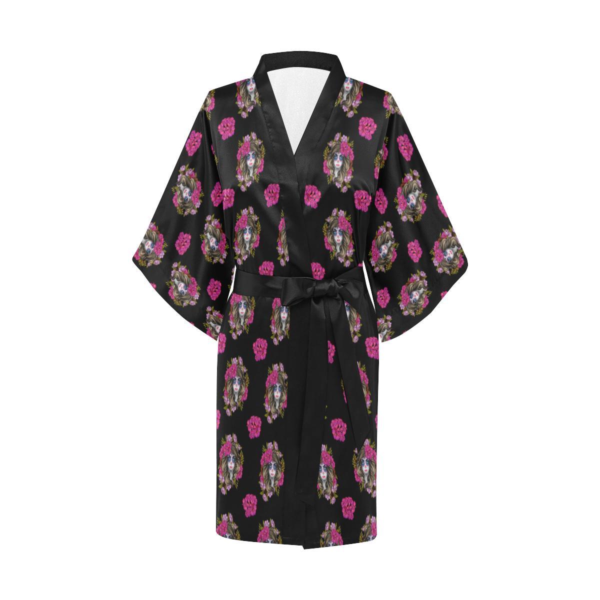 Day of the Dead Makeup Girl Women Short Kimono Robe