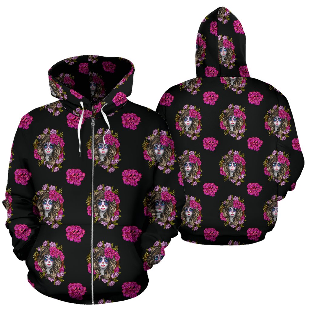 Day of the Dead Makeup Girl Zip Up Hoodie
