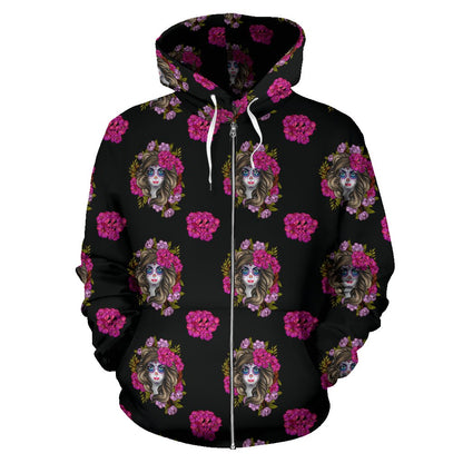 Day of the Dead Makeup Girl Zip Up Hoodie