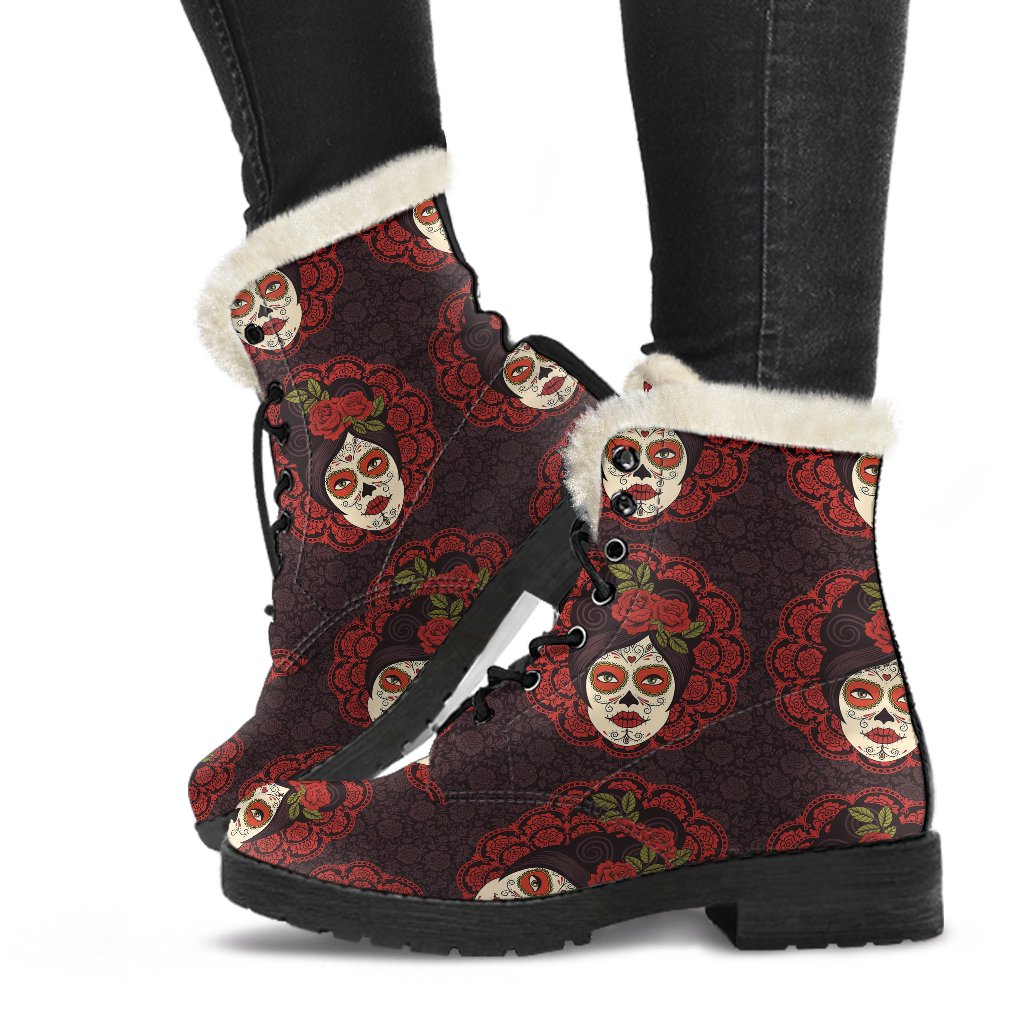 Day of the Dead Mexican Girl Faux Fur Leather Boots-JTAMIGO.COM
