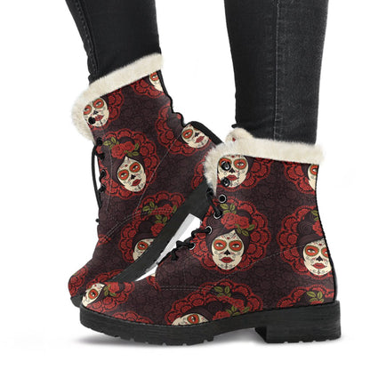 Day of the Dead Mexican Girl Faux Fur Leather Boots-JTAMIGO.COM