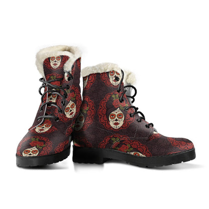 Day of the Dead Mexican Girl Faux Fur Leather Boots-JTAMIGO.COM