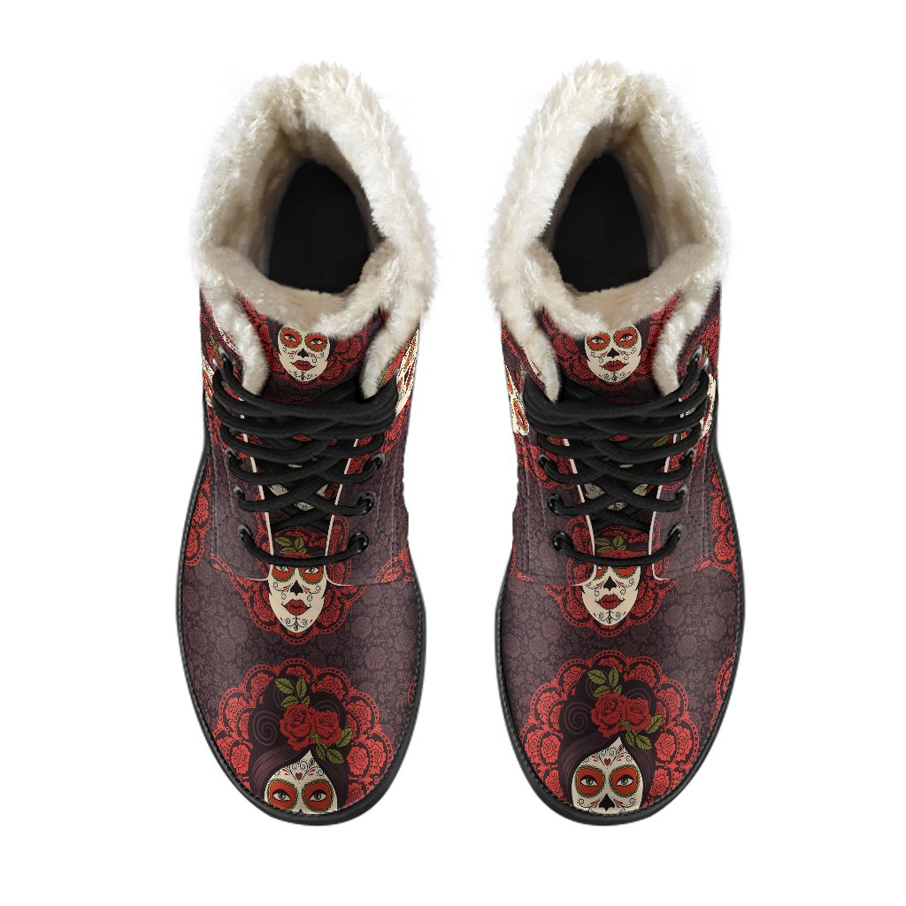 Day of the Dead Mexican Girl Faux Fur Leather Boots-JTAMIGO.COM
