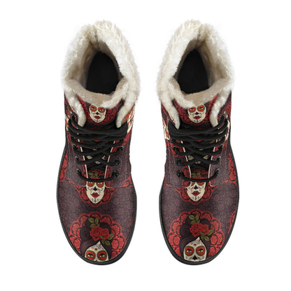 Day of the Dead Mexican Girl Faux Fur Leather Boots-JTAMIGO.COM