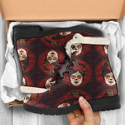 Day of the Dead Mexican Girl Faux Fur Leather Boots-JTAMIGO.COM