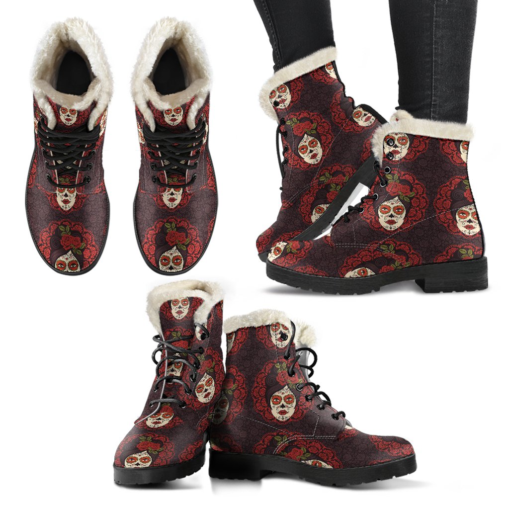 Day of the Dead Mexican Girl Faux Fur Leather Boots-JTAMIGO.COM