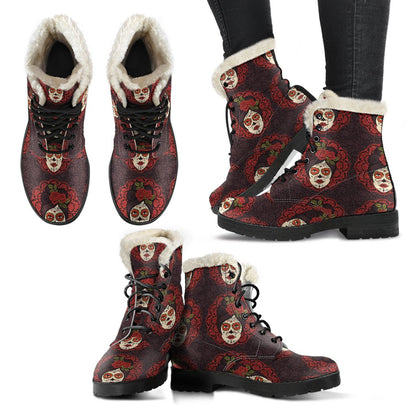 Day of the Dead Mexican Girl Faux Fur Leather Boots-JTAMIGO.COM
