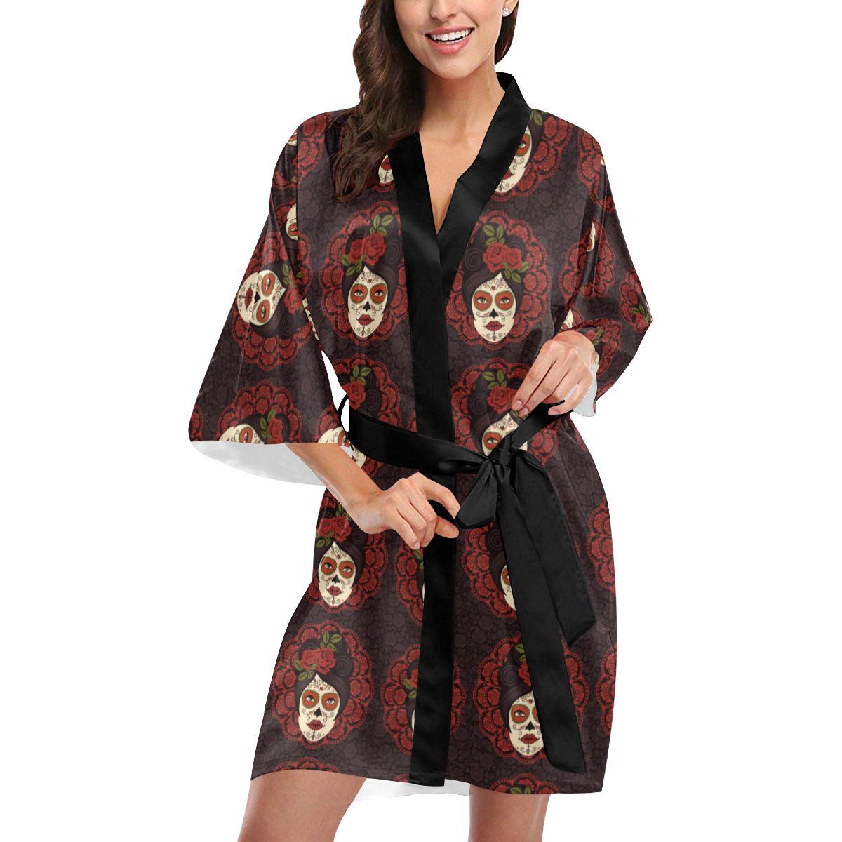 Day of the Dead Mexican Girl Women Short Kimono Robe