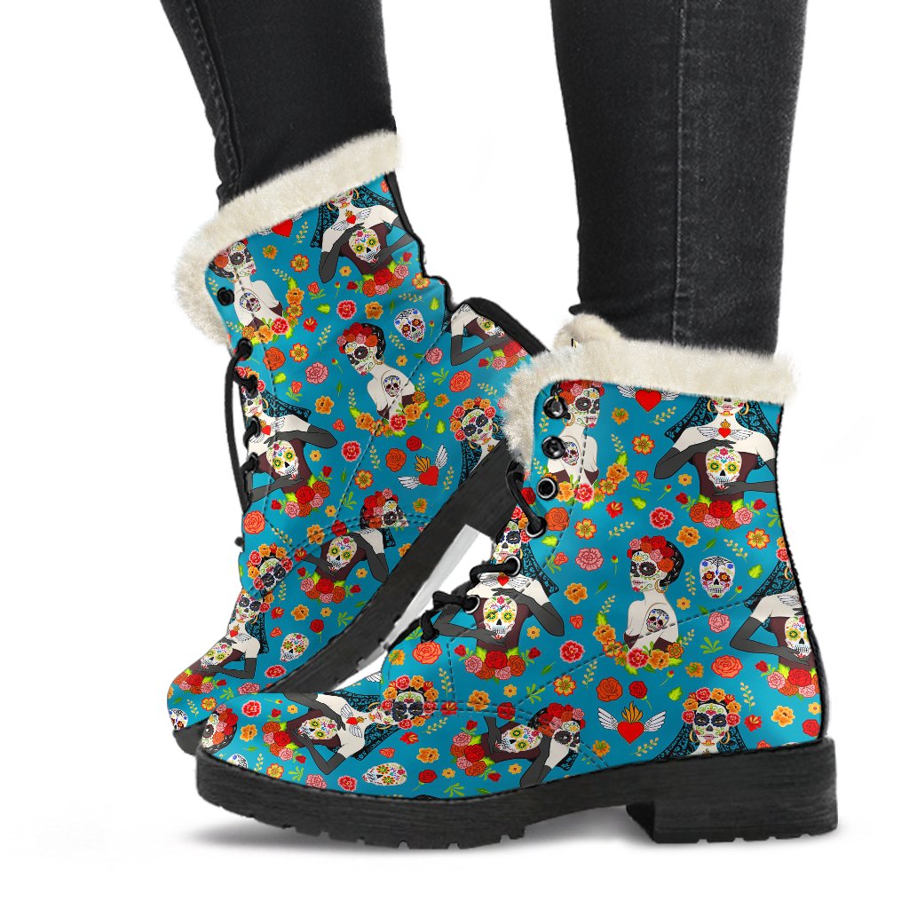 Day of the Dead Old School Girl Design Faux Fur Leather Boots-JTAMIGO.COM