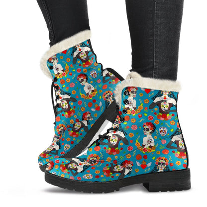 Day of the Dead Old School Girl Design Faux Fur Leather Boots-JTAMIGO.COM
