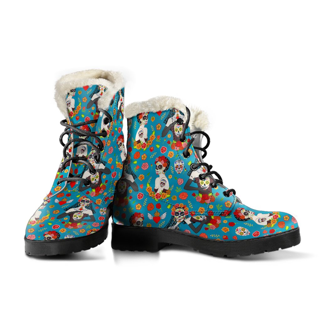Day of the Dead Old School Girl Design Faux Fur Leather Boots-JTAMIGO.COM