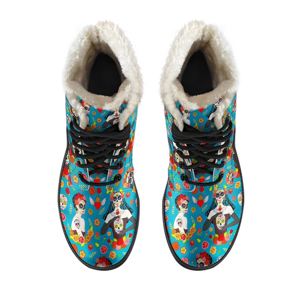 Day of the Dead Old School Girl Design Faux Fur Leather Boots-JTAMIGO.COM