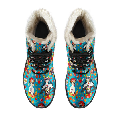 Day of the Dead Old School Girl Design Faux Fur Leather Boots-JTAMIGO.COM