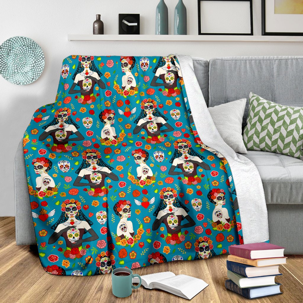 Day Of The Dead Old School Girl Design Fleece Blanket
