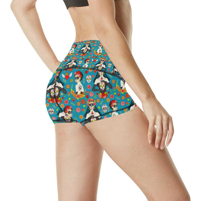 Day of the Dead Old School Girl Design High Waisted Spandex Shorts-JTAMIGO.COM