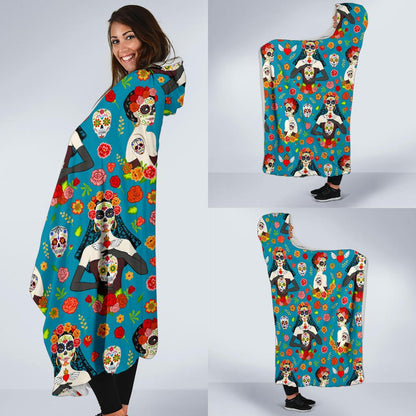 Day of the Dead Old School Girl Design Hooded Blanket-JTAMIGO.COM