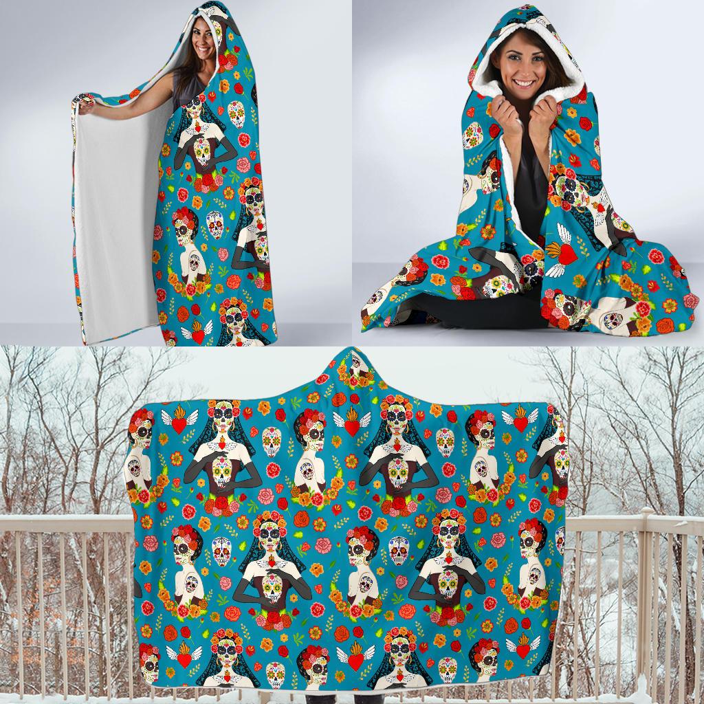 Day of the Dead Old School Girl Design Hooded Blanket-JTAMIGO.COM