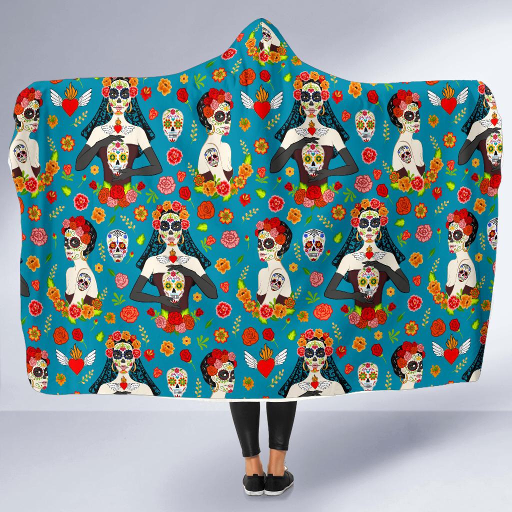 Day of the Dead Old School Girl Design Hooded Blanket-JTAMIGO.COM