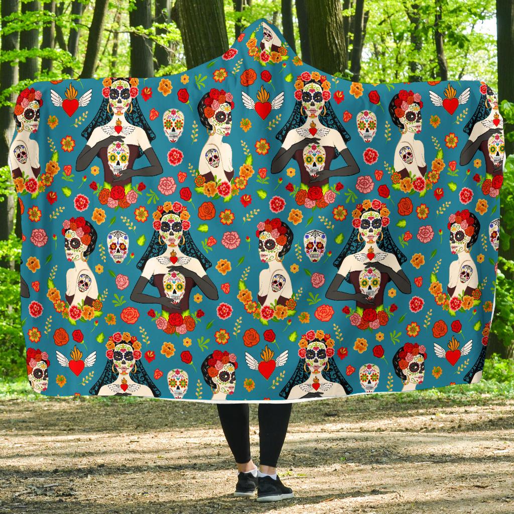Day of the Dead Old School Girl Design Hooded Blanket-JTAMIGO.COM