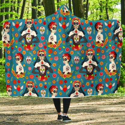 Day of the Dead Old School Girl Design Hooded Blanket-JTAMIGO.COM