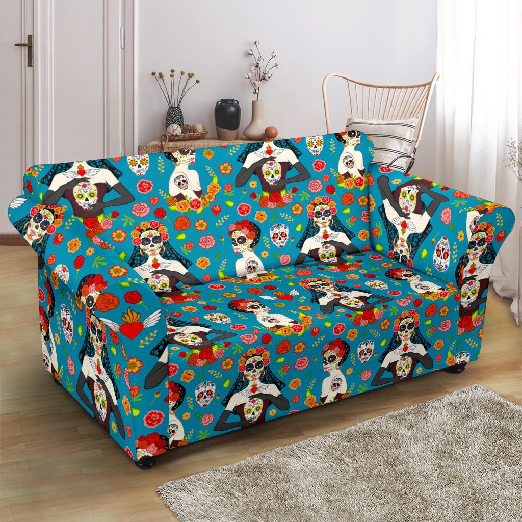 Day of the Dead Old School Girl Design Loveseat Slipcover-JTAMIGO.COM