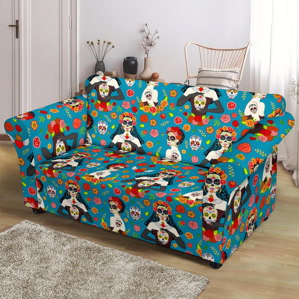 Day of the Dead Old School Girl Design Loveseat Slipcover-JTAMIGO.COM
