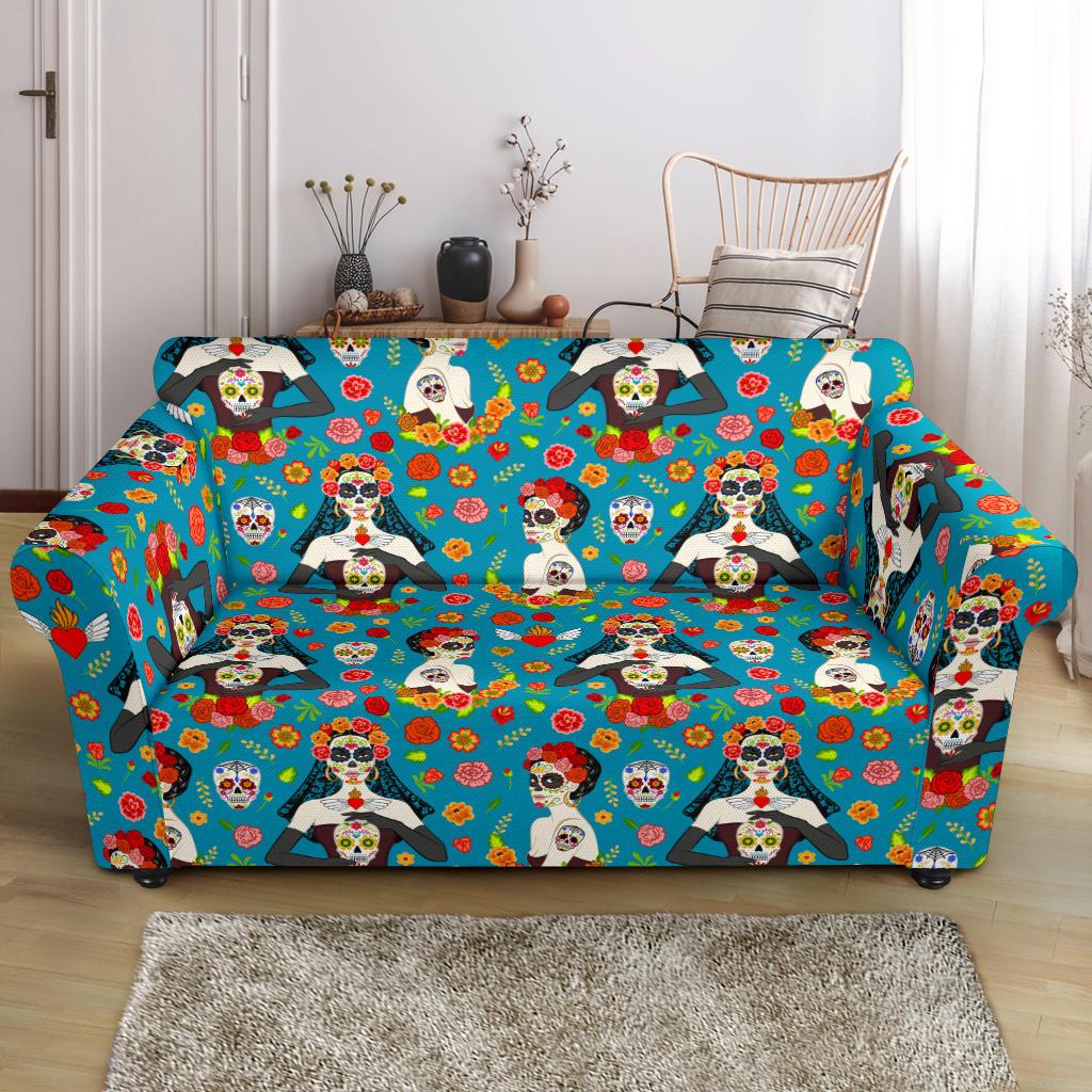 Day of the Dead Old School Girl Design Loveseat Slipcover-JTAMIGO.COM