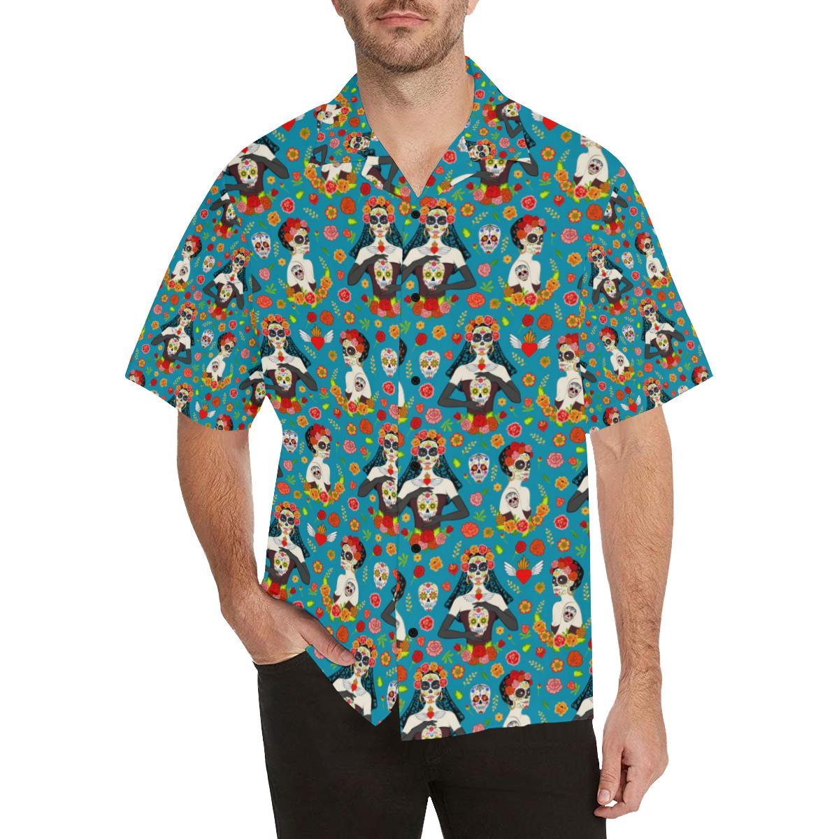 Day of the Dead Old School Girl Design Men Aloha Hawaiian Shirt
