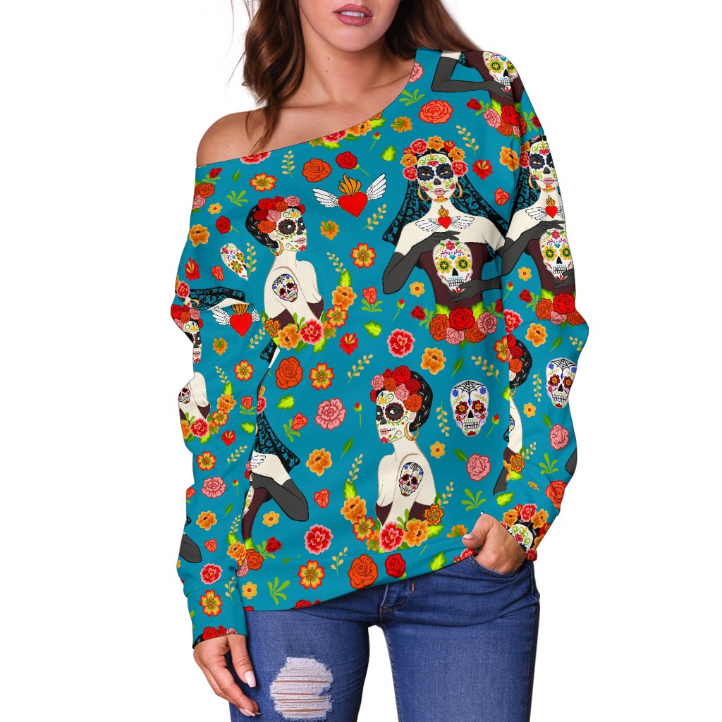 Day of the Dead Old School Girl Design Off Shoulder Sweatshirt