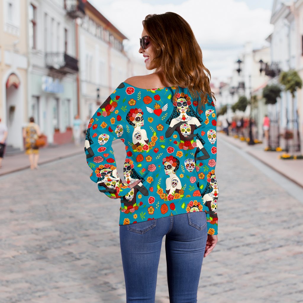 Day of the Dead Old School Girl Design Off Shoulder Sweatshirt