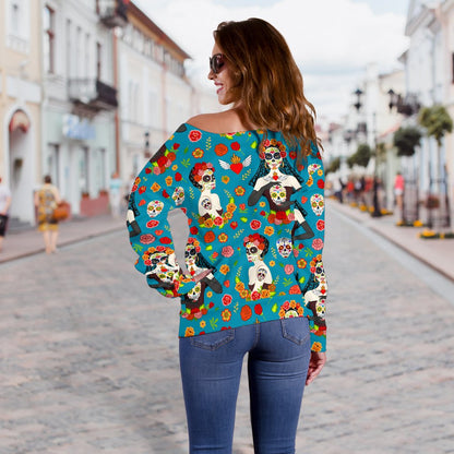 Day of the Dead Old School Girl Design Off Shoulder Sweatshirt
