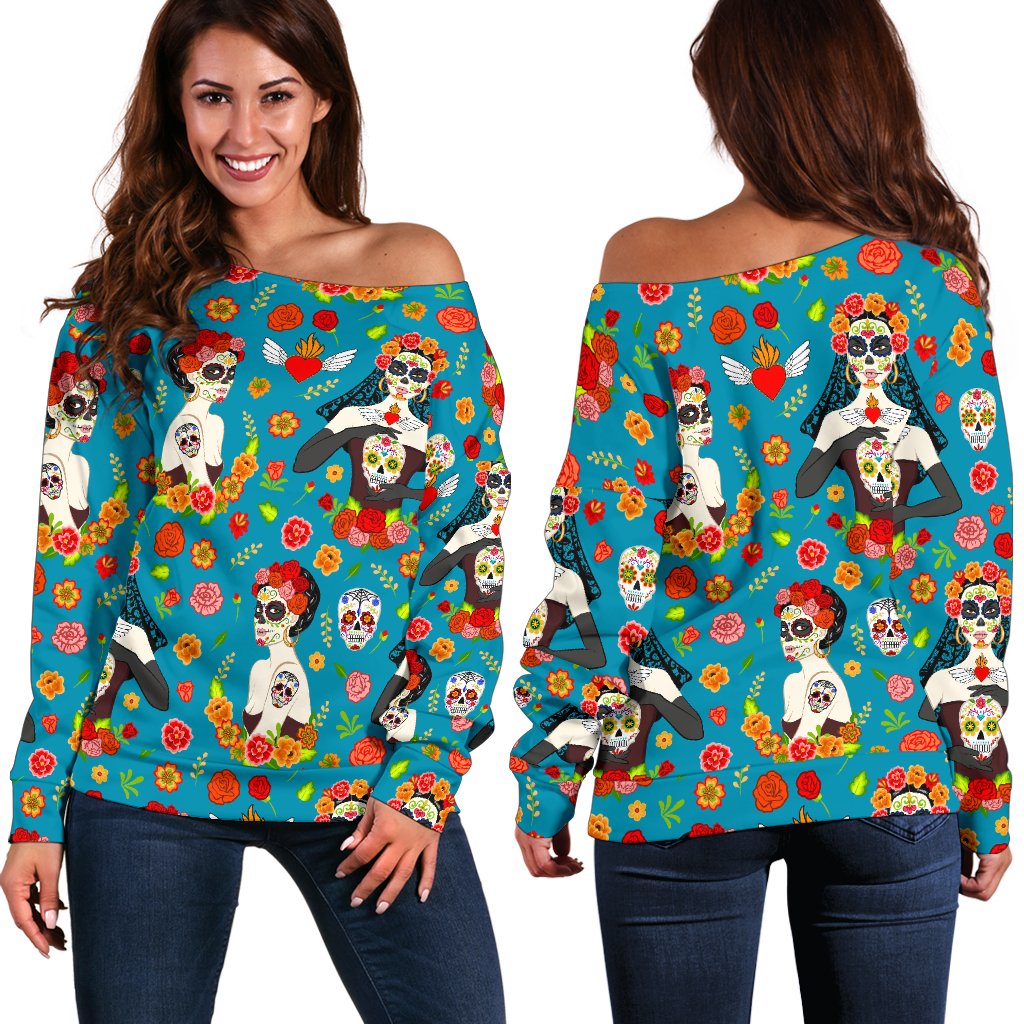 Day of the Dead Old School Girl Design Off Shoulder Sweatshirt