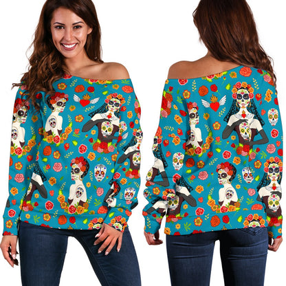 Day of the Dead Old School Girl Design Off Shoulder Sweatshirt