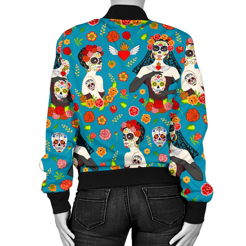 Day of The Dead Old School Girl Design Women Casual Bomber Jacket