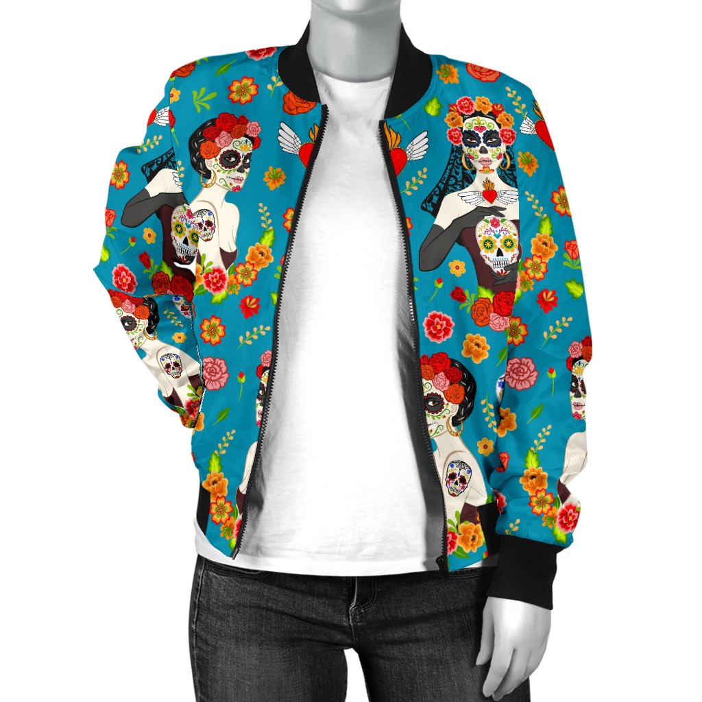 Day of The Dead Old School Girl Design Women Casual Bomber Jacket