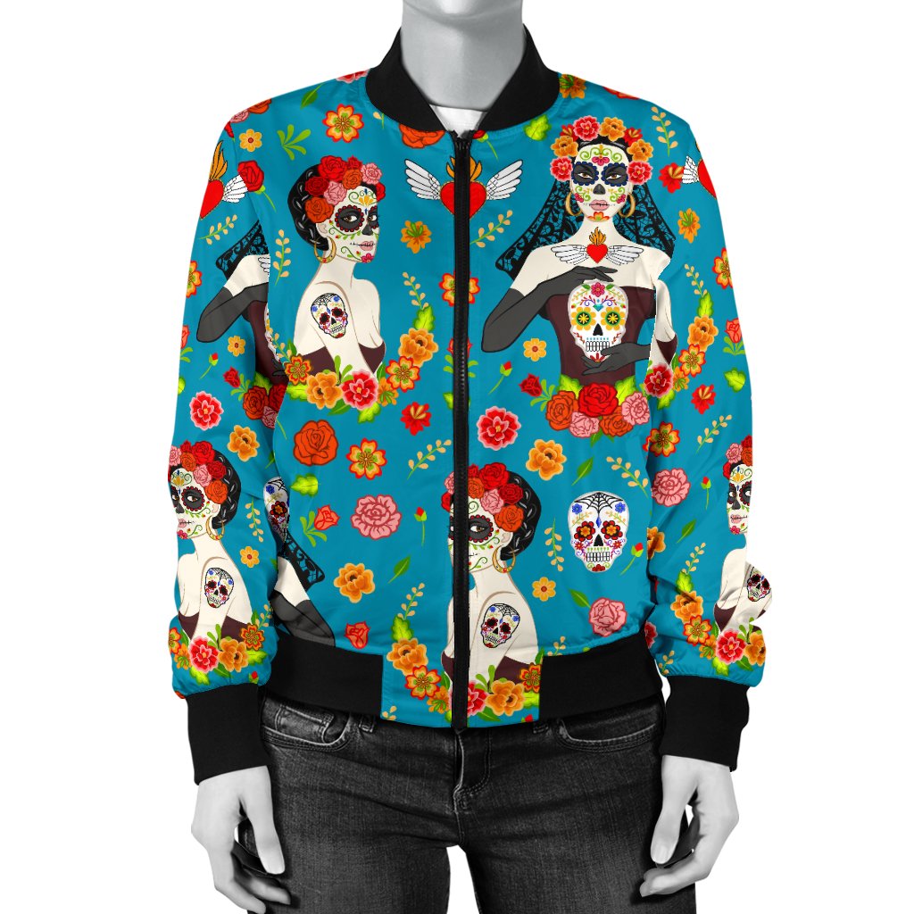 Day of The Dead Old School Girl Design Women Casual Bomber Jacket