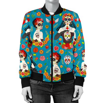 Day of The Dead Old School Girl Design Women Casual Bomber Jacket