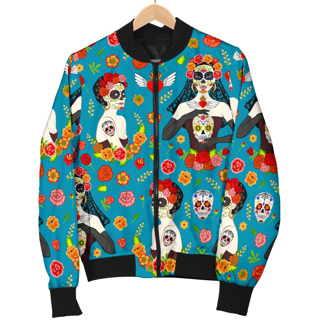Day of The Dead Old School Girl Design Women Casual Bomber Jacket