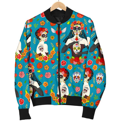 Day of The Dead Old School Girl Design Women Casual Bomber Jacket