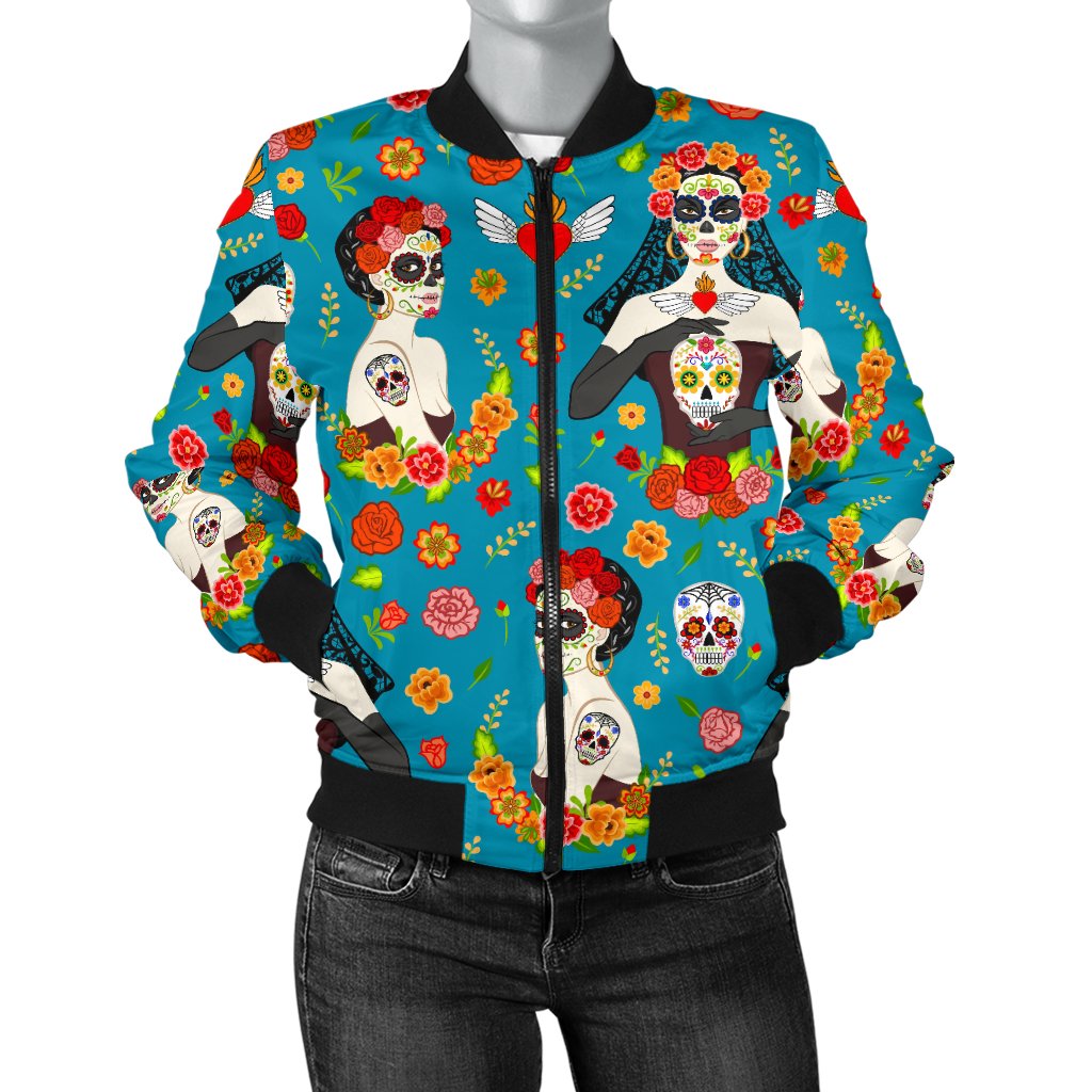 Day of The Dead Old School Girl Design Women Casual Bomber Jacket