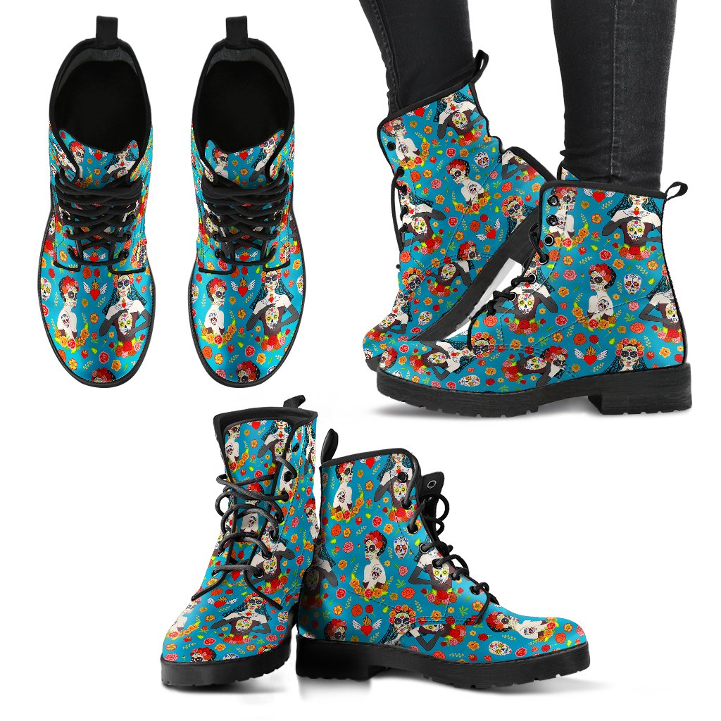 Day of the Dead Old School Girl Design Women Leather Boots-JTAMIGO.COM