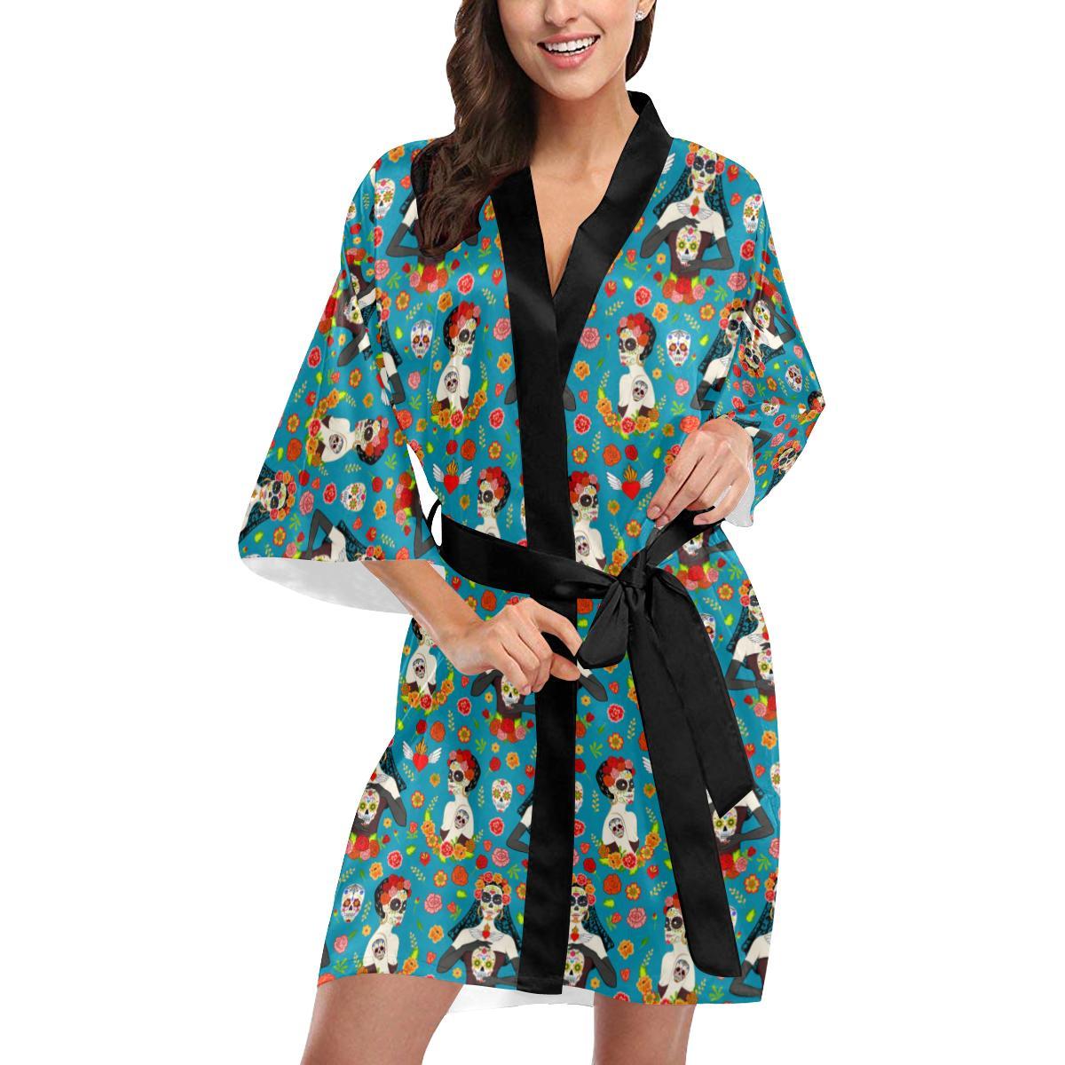 Day of the Dead Old School Girl Design Women Short Kimono Robe