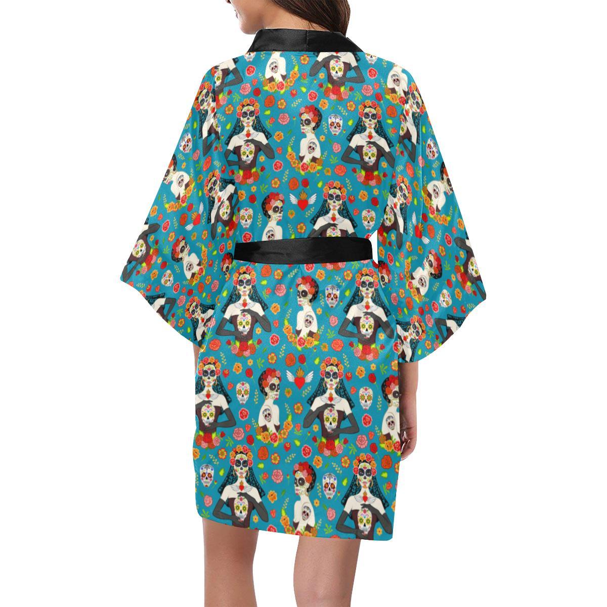 Day of the Dead Old School Girl Design Women Short Kimono Robe