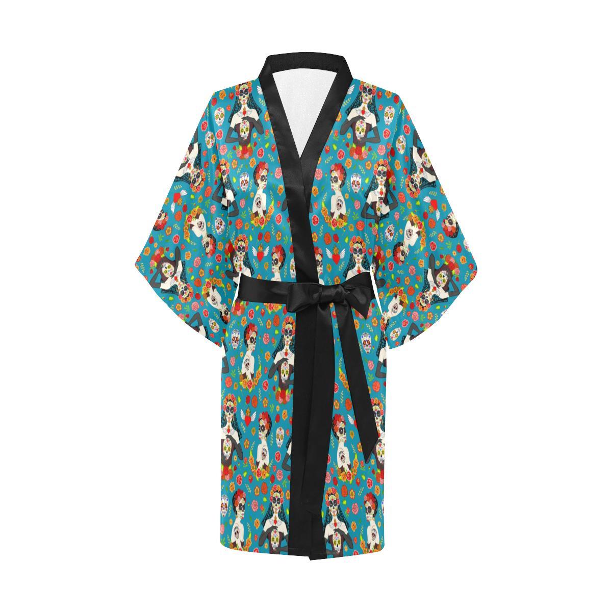 Day of the Dead Old School Girl Design Women Short Kimono Robe