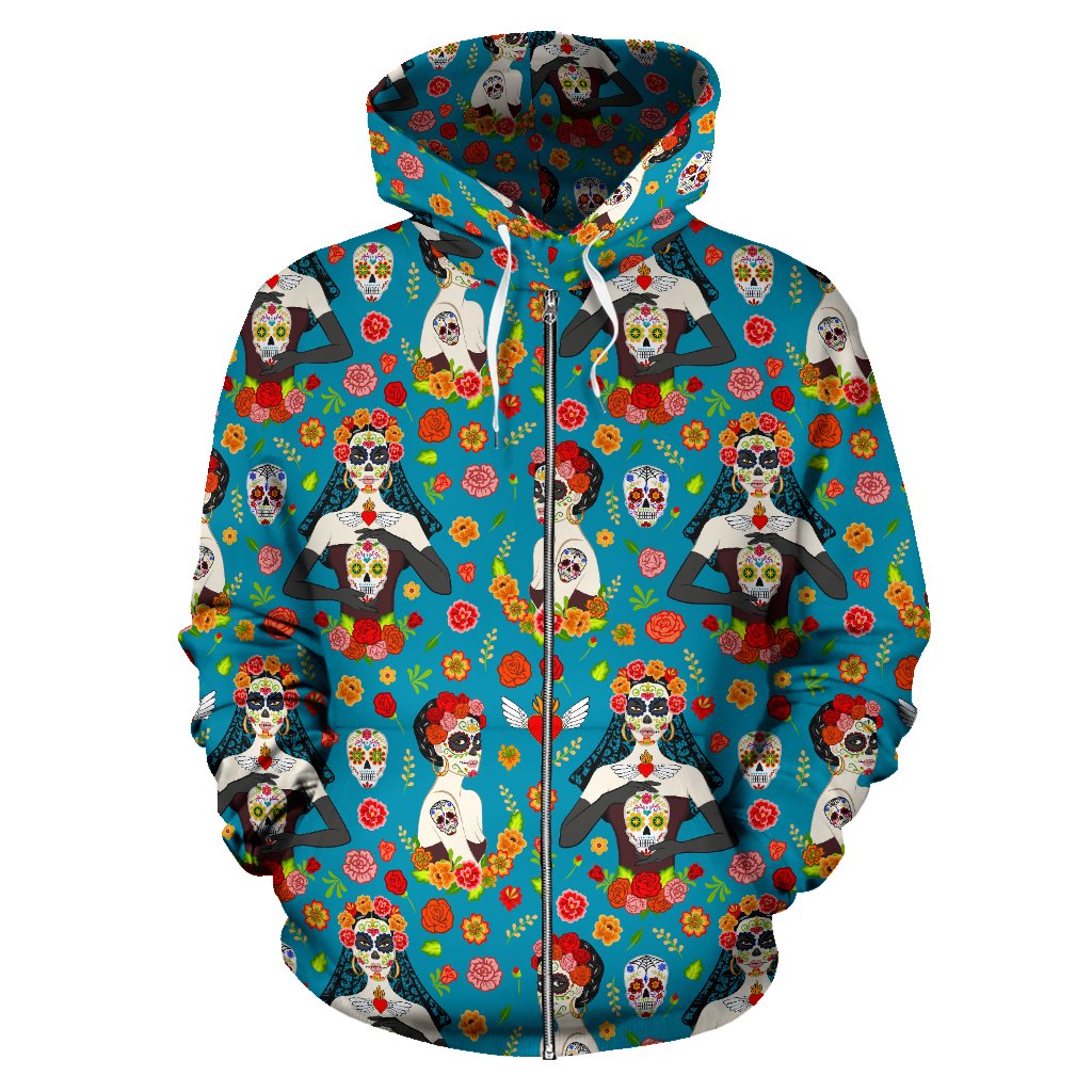 Day of the Dead Old School Girl Design Zip Up Hoodie
