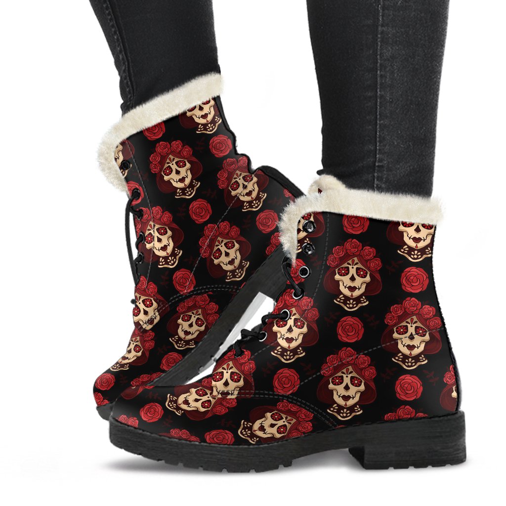 Day of the Dead Skull Girl Pattern Faux Fur Leather Boots-JTAMIGO.COM