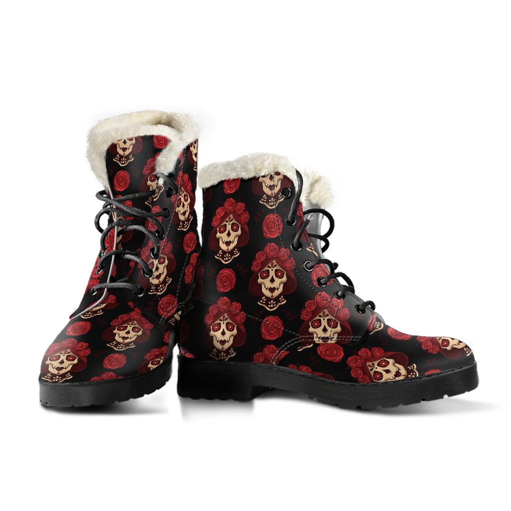 Day of the Dead Skull Girl Pattern Faux Fur Leather Boots-JTAMIGO.COM