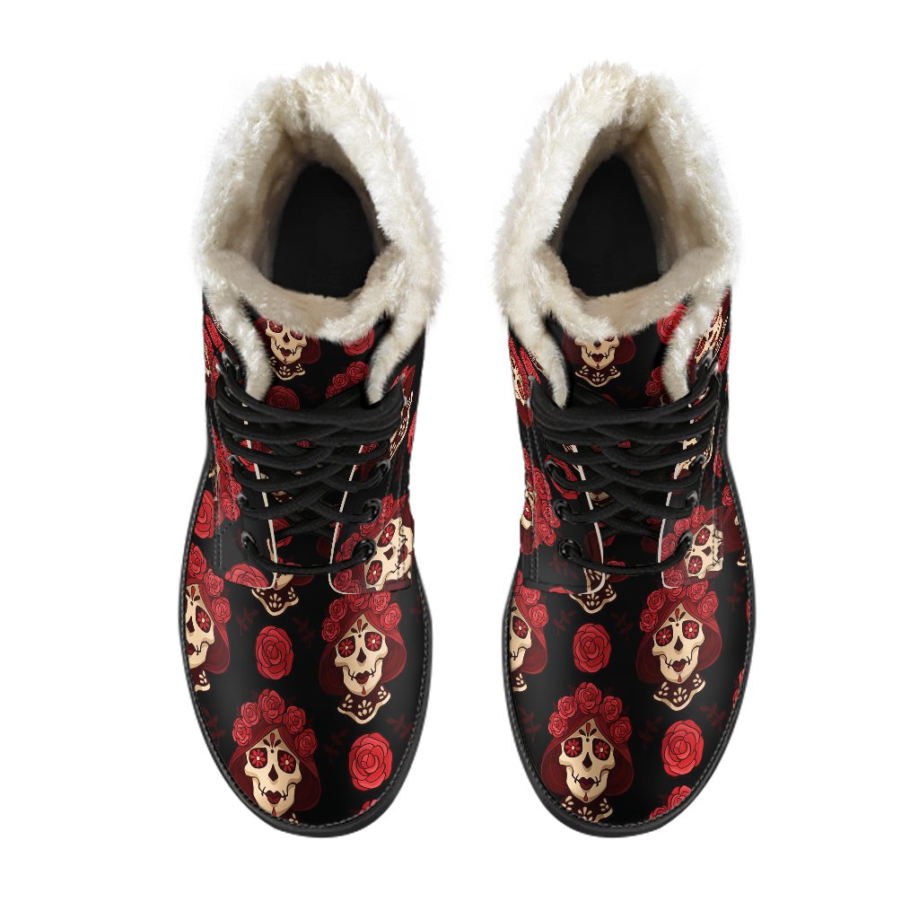 Day of the Dead Skull Girl Pattern Faux Fur Leather Boots-JTAMIGO.COM