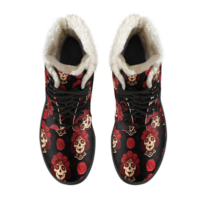 Day of the Dead Skull Girl Pattern Faux Fur Leather Boots-JTAMIGO.COM